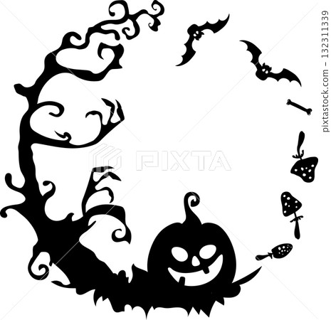 Halloween decoration silhouette featuring a spooky tree, pumpkins, and bats. Black and white cutout ideal for Halloween crafts 132311339