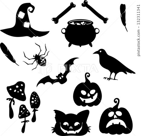 Halloween decor collection featuring black and white silhouettes for cutting. Includes mushrooms, a cauldron, a raven, a pumpkin, a witchs hat, and a bird feather. 132311341