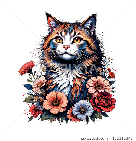 A shaggy, American Curl cat portrait surrounded by a beautiful watercolor bouquet of roses and daisies. 132311345