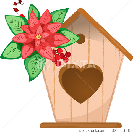Christmas clipart, composition birdhouse with poinsettia flower 132311368