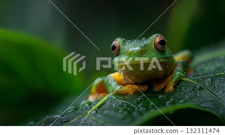 A green frog resting on a leaf 132311474