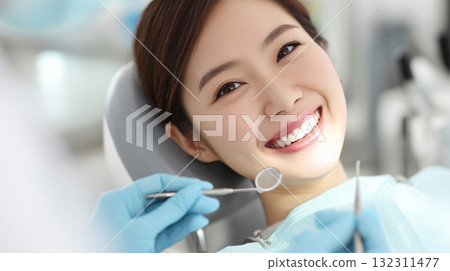 A woman smiles brightly during a regular dental checkup 132311477