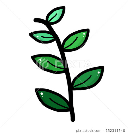Vibrant hand drawn illustration of plant branch with green leaf foliage. This simple cartoon sprig represents fresh growth, nature, and organic life on transparency background Vibrant hand drawn illustration of plant branch with green leaf foliage. This simple cartoon sprig represents fresh growth, nature, and organic life on transparency background 132311548