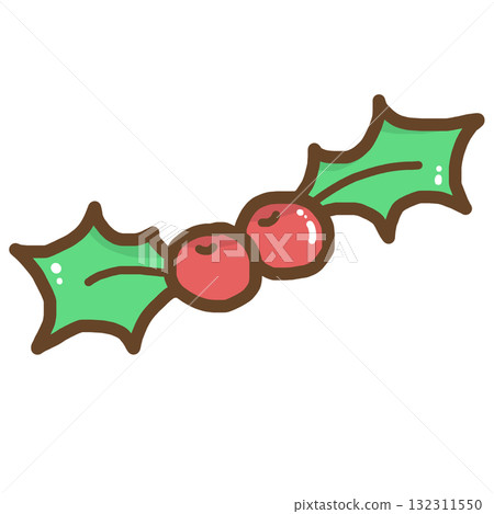 Charming hand drawn coquette holly berry illustration for Christmas. Festive, cute winter plant with red berry, doodle aesthetic and botanical element for design on transparency background 132311550