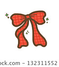 Charming hand drawn red gingham Christmas ribbon bow. This festive coquette illustration with green sparkle adds cheerful touch to holiday gift wrapping and decoration on transparency background 132311552