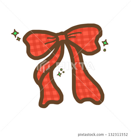 Charming hand drawn red gingham Christmas ribbon bow. This festive coquette illustration with green sparkle adds cheerful touch to holiday gift wrapping and decoration on transparency background Charming hand drawn red gingham Christmas ribbon bow. This festive coquette illustration with green sparkle adds cheerful touch to holiday gift wrapping and decoration on transparency background 132311552