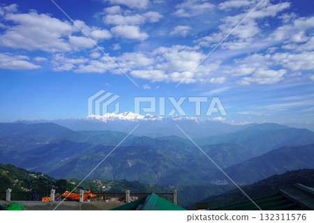 Panoramic Mountain Landscape with Snow Peaks and Blue Sky 132311576