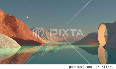 Surreal landscape digital art with pastel mountains, calm water, and abstract archway. Surreal landscape digital art with pastel mountains, calm water, and abstract archway. 132311639