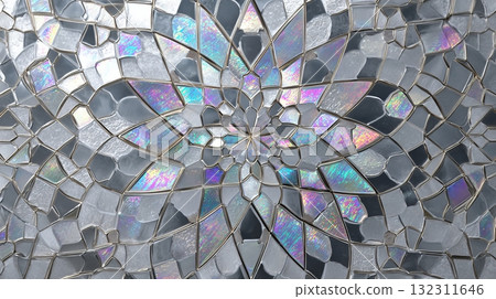 Iridescent mosaic tile floral pattern, stained glass style, abstract geometric wall art. 132311646