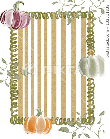 Rectangular watercolor frame with pumpkins and autumn harvest. Halloween and Thanksgiving design with copy space for text or invitation template. Rectangular watercolor frame with pumpkins and autumn harvest. Halloween and Thanksgiving design with copy space for text or invitation template. 132311838