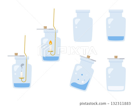 Illustration material set of an experiment to burn a candle in an air collection bottle Illustration material set of an experiment to burn a candle in an air collection bottle 132311883