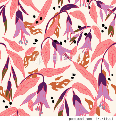 Exotic hand drawn flowers, seamless patterns with fuchsia a flower hybrid ballerina floral for fabric, textiles, clothing. Vector illustration Exotic hand drawn flowers, seamless patterns with fuchsia a flower hybrid ballerina floral for fabric, textiles, clothing. Vector illustration 132311901