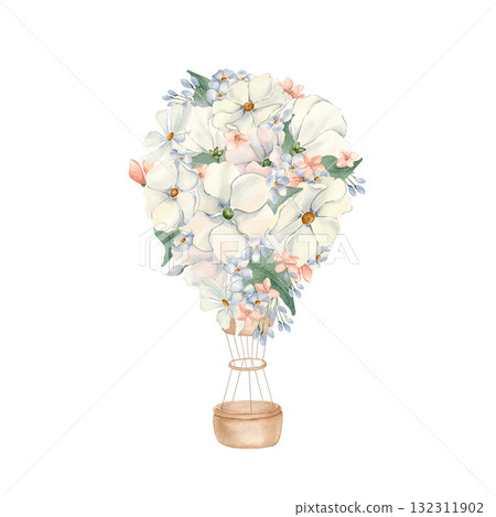 Balloon of white cosmos flowers and basket isolated white. Hot air balloon and blossoms in blush pink for baby. Hand drawn watercolor illustration for nursery wall design and children's stationery. 132311902