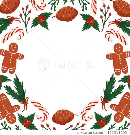 Christmas circle frame with gingerbread man, candy cane, pinecone, holly berry and evergreen branch in flat style. Design for bakery greeting card. Christmas circle frame with gingerbread man, candy cane, pinecone, holly berry and evergreen branch in flat style. Design for bakery greeting card. 132311903