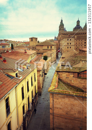 View from Palacio de Monterrey to Compania street. Domes of the Salamanca Cathedral in the background 132311957