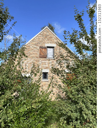 brick house with window blinds behind trees brick house with window blinds behind trees 132311983