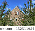 brick house with window blinds behind trees 132311984