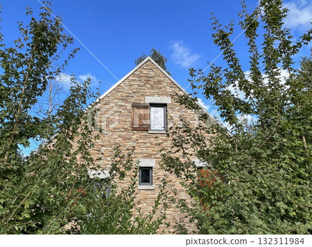 brick house with window blinds behind trees brick house with window blinds behind trees 132311984