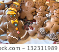 Homemade gingerbread men cookies decorated with colorful icing on Christmas plate 132311989