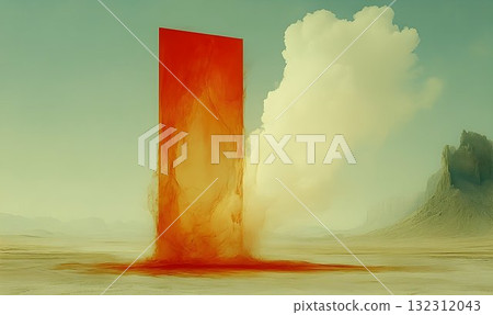 Ethereal Red Monolith Rising in a Desert Landscape with Distant Ethereal Red Monolith Rising in a Desert Landscape with Distant 132312043