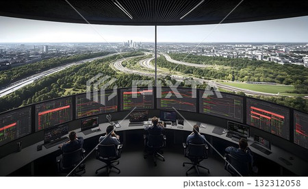 Analysts monitor stock data in a futuristic control room overloo Analysts monitor stock data in a futuristic control room overloo 132312058