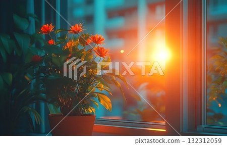 Vibrant orange flowers in a pot bask in the warm glow of a sunse 132312059