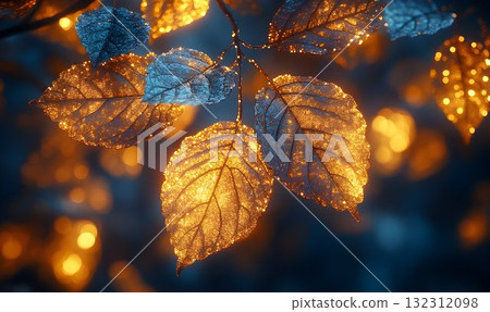 Glistening Leaves with Golden Light on Dark Blue Background, Abs 132312098