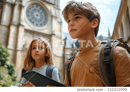 Two young travelers gaze upward at a European cathedral's intric Two young travelers gaze upward at a European cathedral's intric 132312099