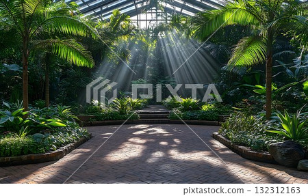 Sunbeams pierce the lush foliage of a tropical greenhouse, illum 132312163