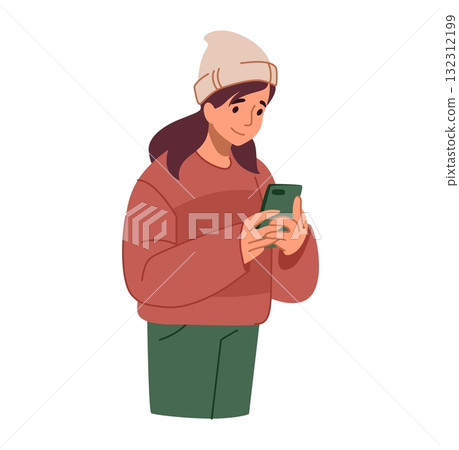 Girl hold smartphone. Woman chatting on gadget. Happy female character using application. Technology addiction, online communication in messenger. Vector cartoon isolated illustration Girl hold smartphone. Woman chatting on gadget. Happy female character using application. Technology addiction, online communication in messenger. Vector cartoon isolated illustration 132312199