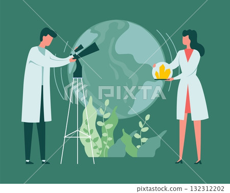 Lab scientists. People conduct experiment. Biology and geology research. Man looking at Earth through telescope. World environment study. Woman with geological minerals. Vector concept 132312202