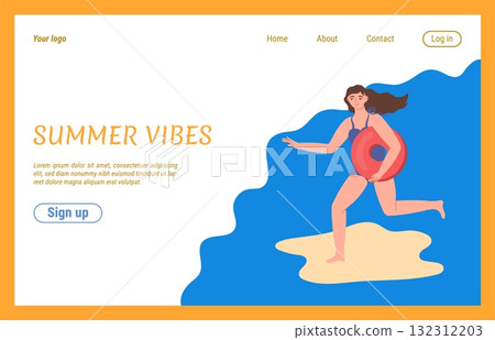 Beach surfers landing page. Summer vacation vibes. Young woman running with lifebuoy. Happy girl sunbathing in swimwear. Seashore travel. Ocean wave surfing. Vector tourism background Beach surfers landing page. Summer vacation vibes. Young woman running with lifebuoy. Happy girl sunbathing in swimwear. Seashore travel. Ocean wave surfing. Vector tourism background 132312203