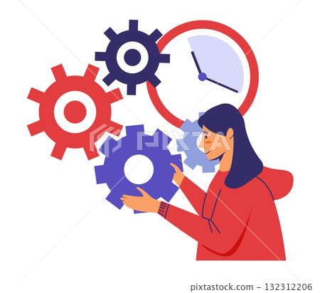 Woman time management. Girl and technology gears, alarm clock symbol. Productivity working process organization. Calendar and agenda. Chronometer vector cartoon flat illustration 132312206