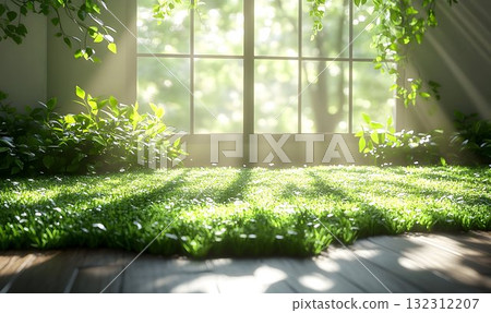 Sunlit Interior with Lush Greenery, Window and Wooden Floor, Pea Sunlit Interior with Lush Greenery, Window and Wooden Floor, Pea 132312207