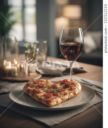Heart-shaped pizza on a plate with a glass of red wine in a cozy dining setting Heart-shaped pizza on a plate with a glass of red wine in a cozy dining setting 132312210