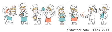 Kid in chef hat. Child cook characters, cute baker or cooker girl and boy, little confectioner. Happy people in apron and hat, uniform. Work occupation. Vector cartoon isolated illustration 132312211