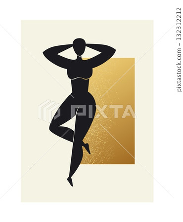 Woman poster. Abstract contemporary wall art. Naked female character silhouette. Interior design. Golden background. Dancing active pose girl. Vector cartoon flat isolated illustration 132312212