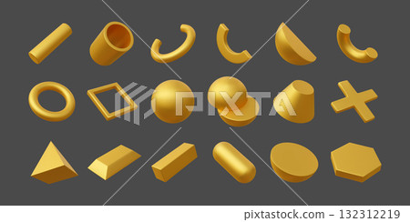3d gold figures. Golden sphere object, geometry metal triangle, ring and pyramid render elements or abstract volumetric geometric orb ball. CGI gradient cone and cross. Vector isolated set 132312219