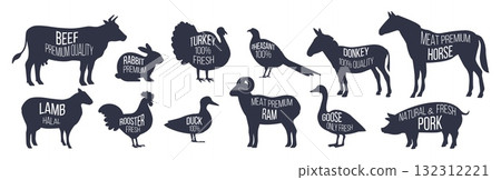 Butchery icons. Domestic animals meat. Vintage black silhouettes of chicken, goat and cow. Butcher livestock factory. Poultry shape. Farming beef and pork. Pig barbecue. Vector logo set 132312221