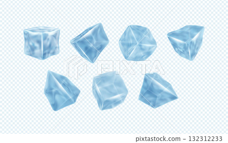 3d ice. Crystal cube piece, transparent splash block or white frozen water square for drink and cocktail, cold blue frost shapes different side view. Realistic isolated elements. Vector icons 132312233