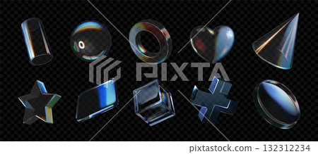 3d glass icons. Abstract star shape, heart and shield, flower gradient elements. Transparent y2k glossy objects. Cube, ball and crystal ring. UI button design. Vector isolated illustration 132312234