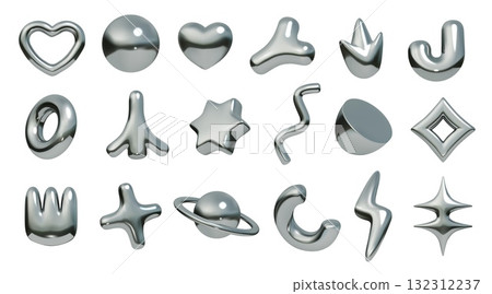 3D chrome objects. Abstract metal shapes. Liquid Y2K silver arrow or holographic star. Retro shiny style. Quicksilver figure. Metallic heart and cross. Sphere planet. Vector graphic set 132312237