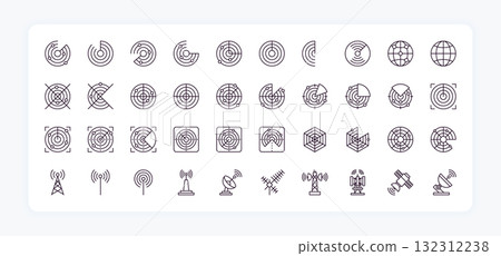 Radar icons. Range military circle scan. Sonar satellite detection. Scanner signal. GPS navigation. Antenna transmitter. Target crosshair. Radio locator detection. Vector line symbols set 132312238