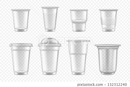 Plastic cup. Clear smoothie glass. Lid holder mock up or transparent offer. Lemonade disposable mug. Straw for ice juice. Cocktail and milkshake tableware. Vector realistic mockups set 132312240
