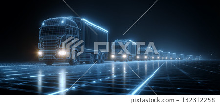 Fleet of cargo trucks traveling together under a night sky along a illuminated road Fleet of cargo trucks traveling together under a night sky along a illuminated road 132312258