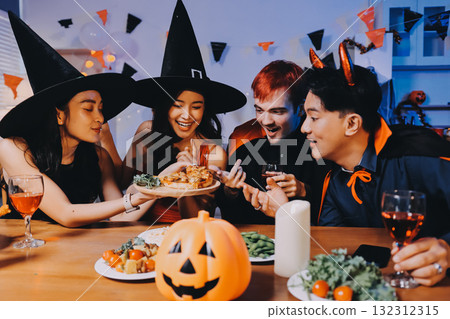 Joyful office Halloween party with coworkers in costumes, celebrating with drinks and laughter, fostering teamwork and festive spirit Joyful office Halloween party with coworkers in costumes, celebrating with drinks and laughter, fostering teamwork and festive spirit 132312315