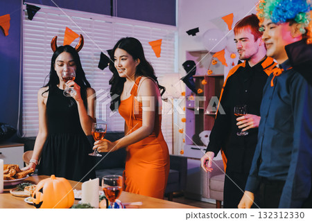 Joyful office Halloween party with coworkers in costumes, celebrating with drinks and laughter, fostering teamwork and festive spirit Joyful office Halloween party with coworkers in costumes, celebrating with drinks and laughter, fostering teamwork and festive spirit 132312330