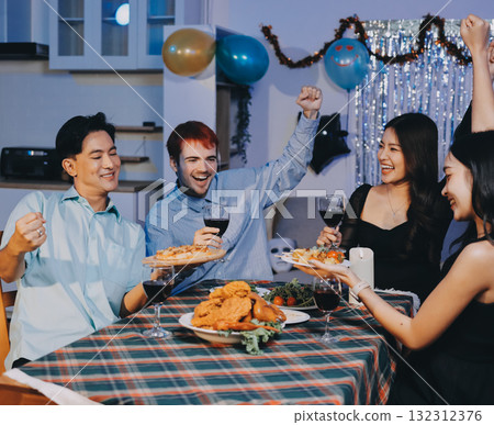 Diversity, dinner and group of people toast celebration together at party. Friends, happy and celebrate with food, wine and friendship for love, support and cheers champagne at business function 132312376