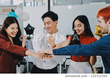 Diversity, dinner and group of people toast celebration together at party. Friends, happy and celebrate with food, wine and friendship for love, support and cheers champagne at business function 132312382