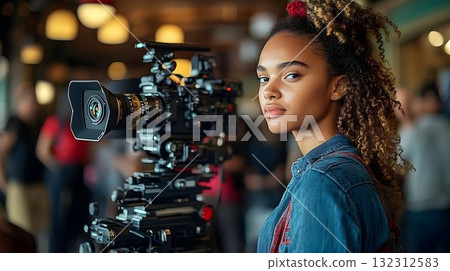 Young Woman with Curly Hair Posing Beside Professional Camera in 132312583